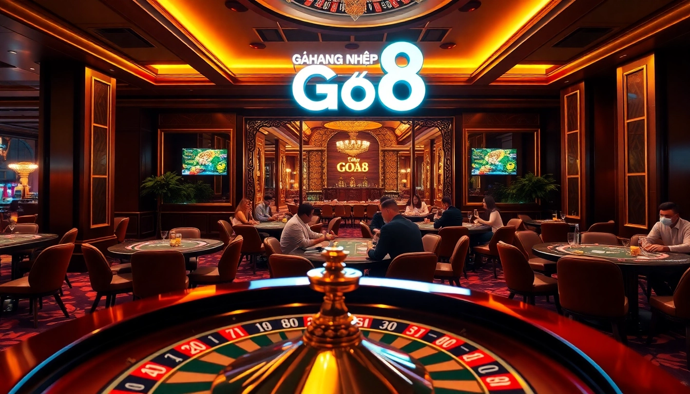 Experience the thrill of đăng nhập Go8 at a luxurious casino with a roulette wheel and excited players.