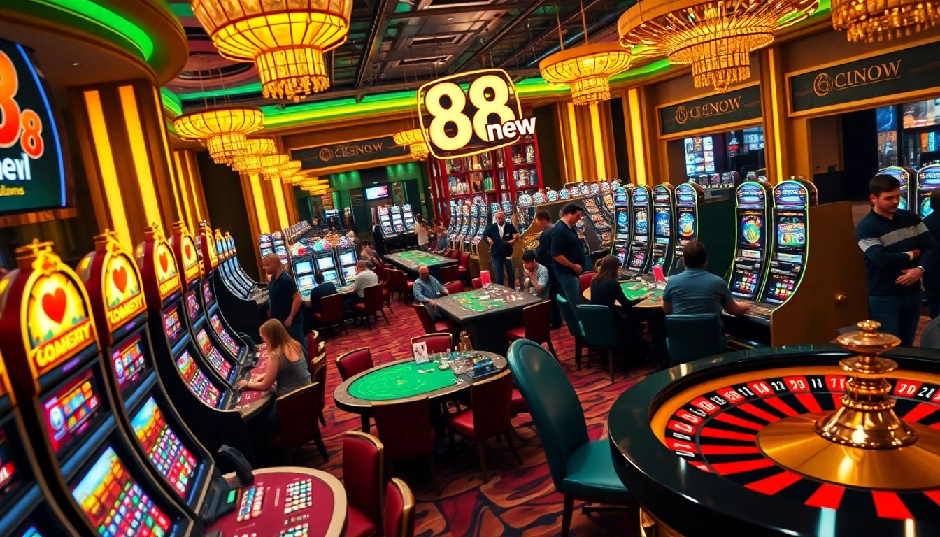 Experience 88new at a lively casino, showcasing poker tables, slot machines, and intense gaming action.
