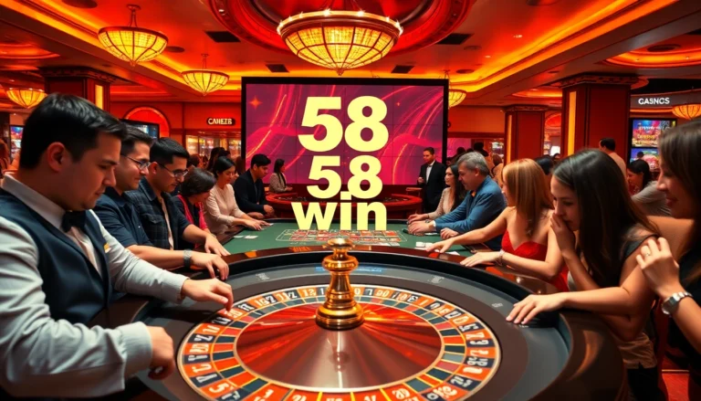 A dynamic casino scene featuring players enjoying roulette and aiming for a 58 win, showcasing colorful chips and cards.