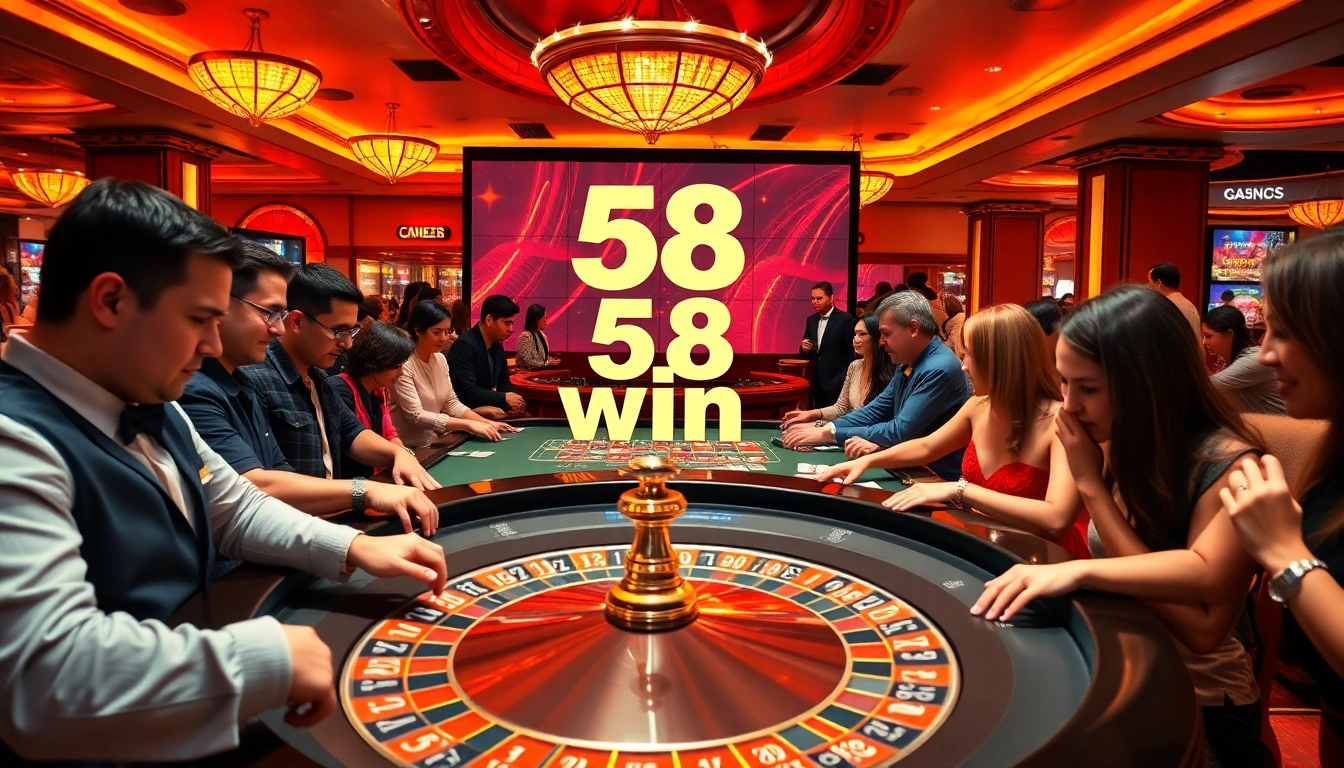 A dynamic casino scene featuring players enjoying roulette and aiming for a 58 win, showcasing colorful chips and cards.