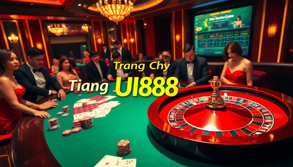 Explore the vibrant casino setting in 'Trang Chủ UU88', featuring roulette and players in action.