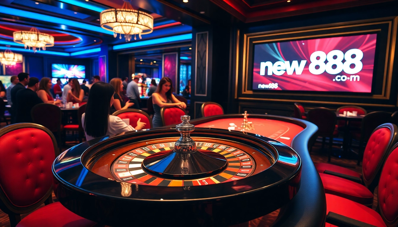 Enjoying a thrilling poker game at an upscale casino while featuring new88 com for exclusive betting offers.