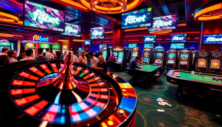 Excited players engaging with f8 bet at a vibrant casino, showcasing roulette wheels and poker tables.
