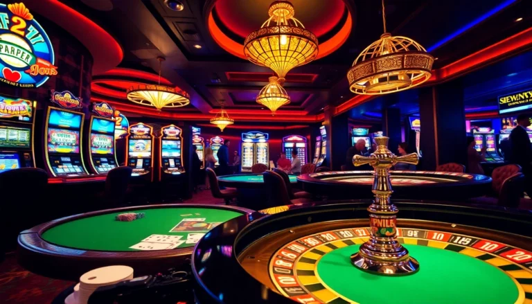 Experience thrilling wins at https://jun88bet.net/ with an elegant casino scene showcasing vibrant slot machines and engaging players.